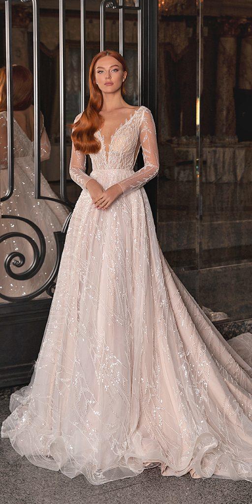 illusion long sleeve wedding dresses a line v neckline lace with train wona