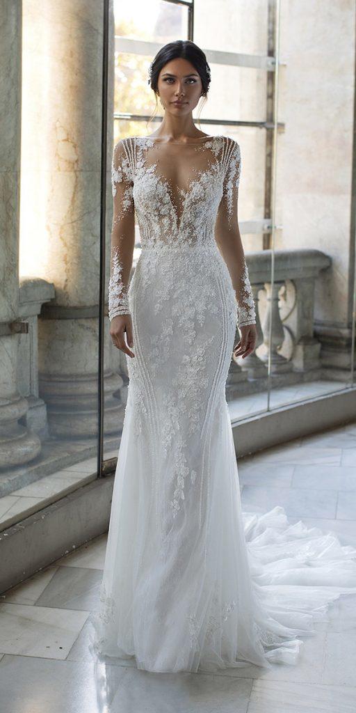 illusion long sleeve wedding dresses fit and flare lace sweetheart neckline pronovias