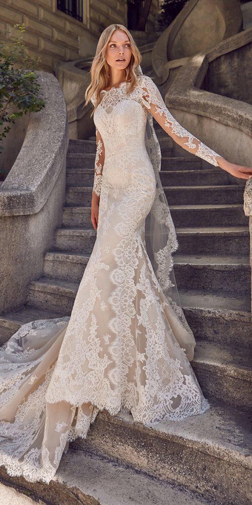 illusion long sleeve wedding dresses fit and flare with lace train sanpatrick
