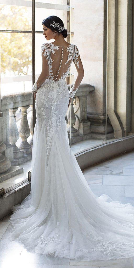 lace back wedding dresses sheath with long sleeves illusion tatoo effect pronovias