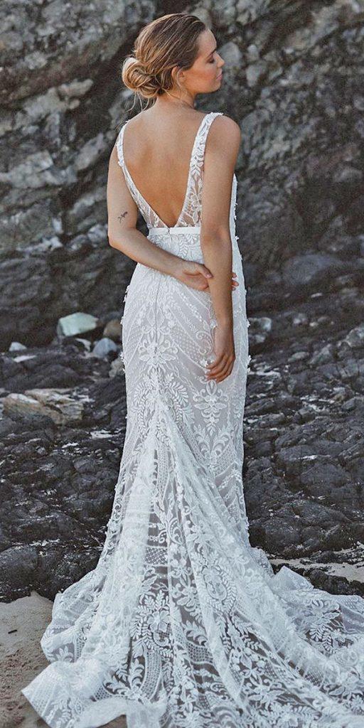 lace beach wedding dresses sheath v back with train annacampbell