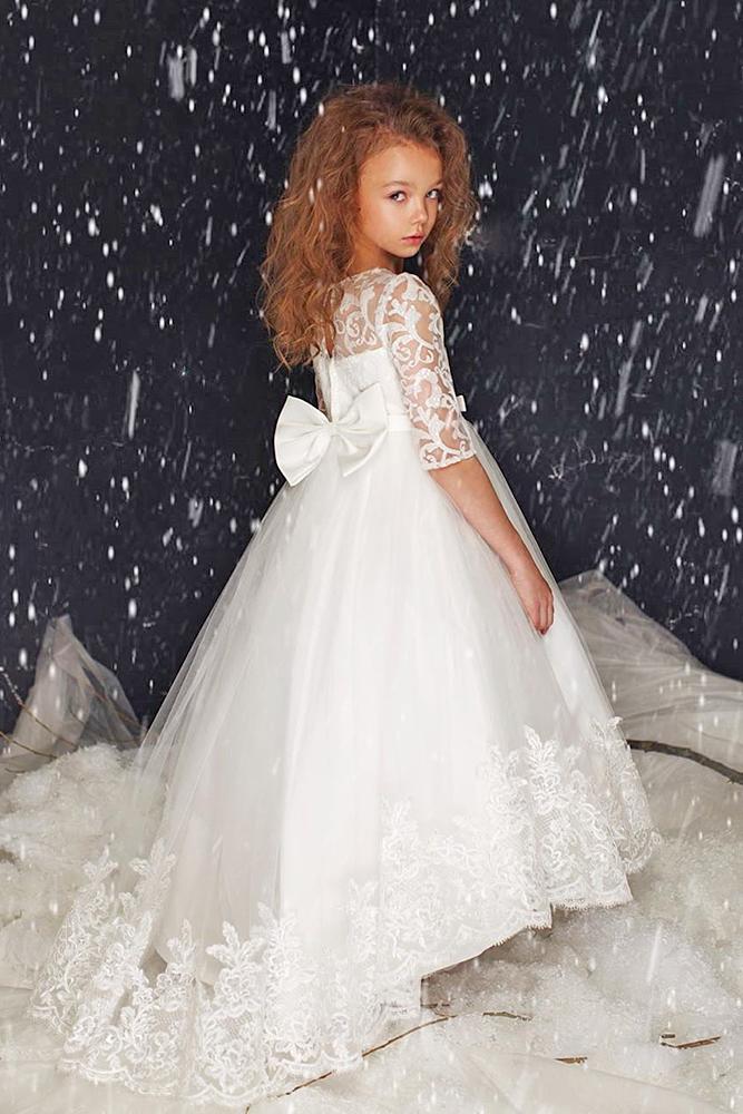 lace flower girl dresses with sleeves bow tulle skirt white petiteadele