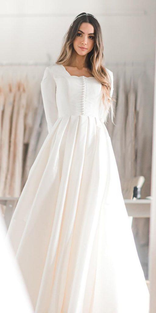 modest wedding dresses a line with long sleeves simple square neckline elizabet cooper