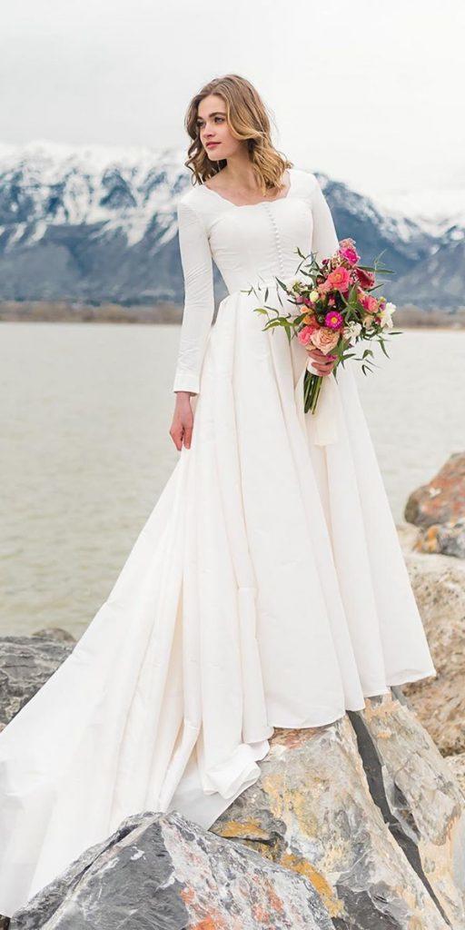 modest wedding dresses with sleeves a line simple square neckline elizabethcooperdesign