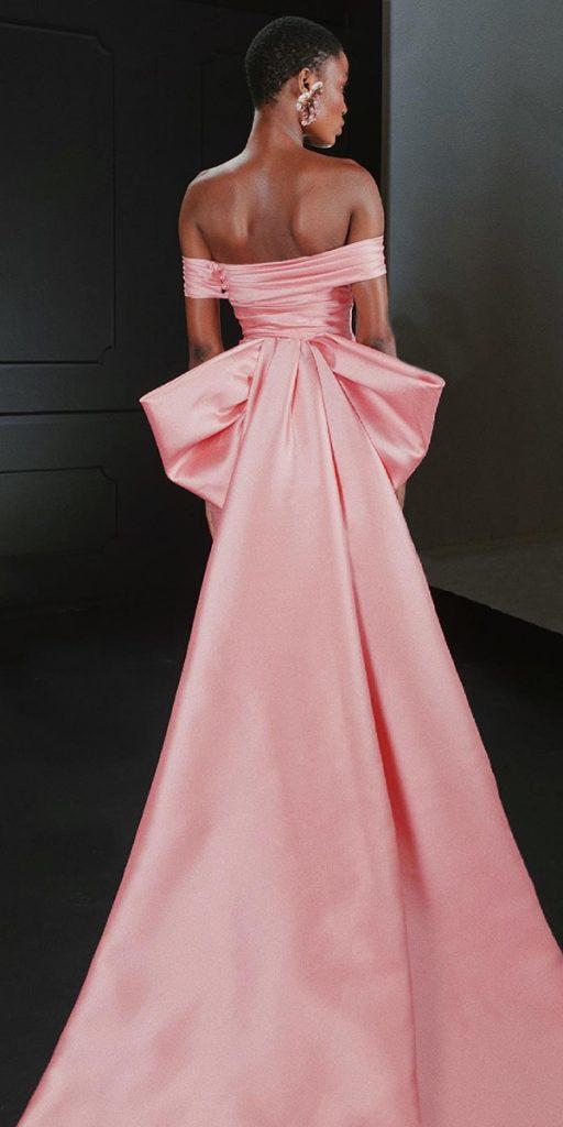 pink wedding dresses simple with bow train off the shoulder hamdaalfahim