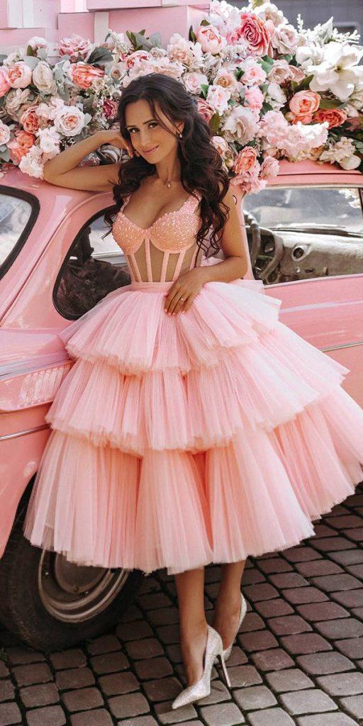 pink wedding dresses tea length tulle skirt sweetheart neckline malyarovaolga