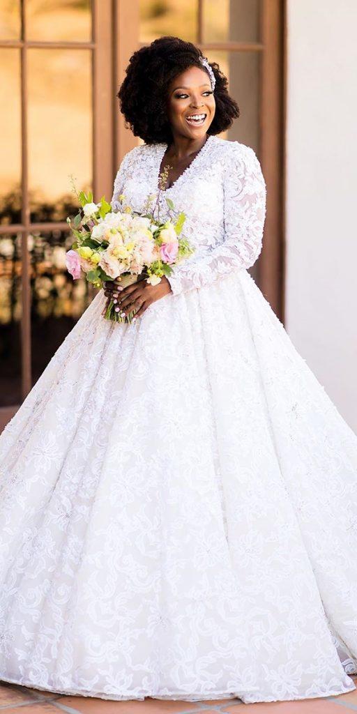 plus size ball gowns wedding dresses with long sleeves lace v neckline brianleahyphoto