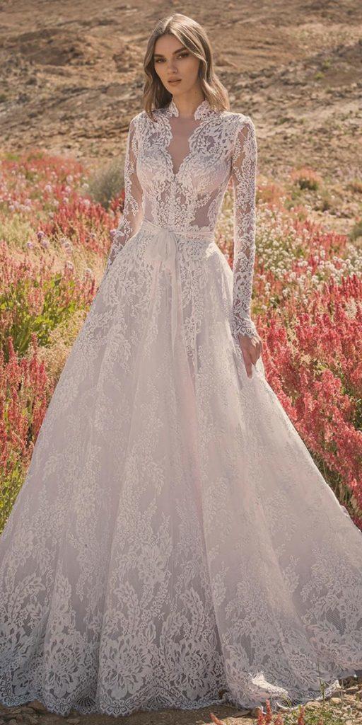 wedding dresses with lace sleeves a line deep v neckline country pnina tornai