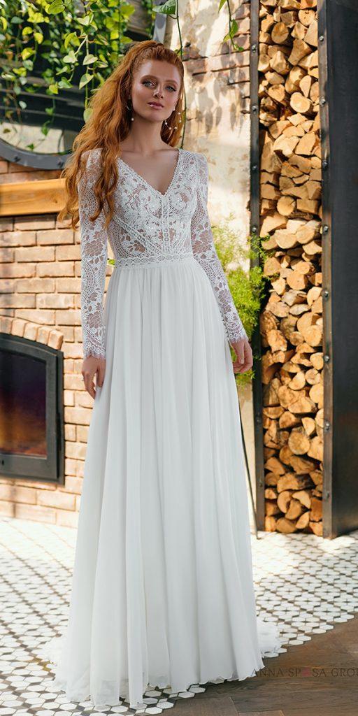 wedding dresses with lace sleeves a line v neckline bohemian anna sposa