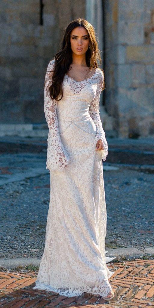 wedding dresses with lace sleeves sheath sweetheart neckline rustic bohemian allurebridals