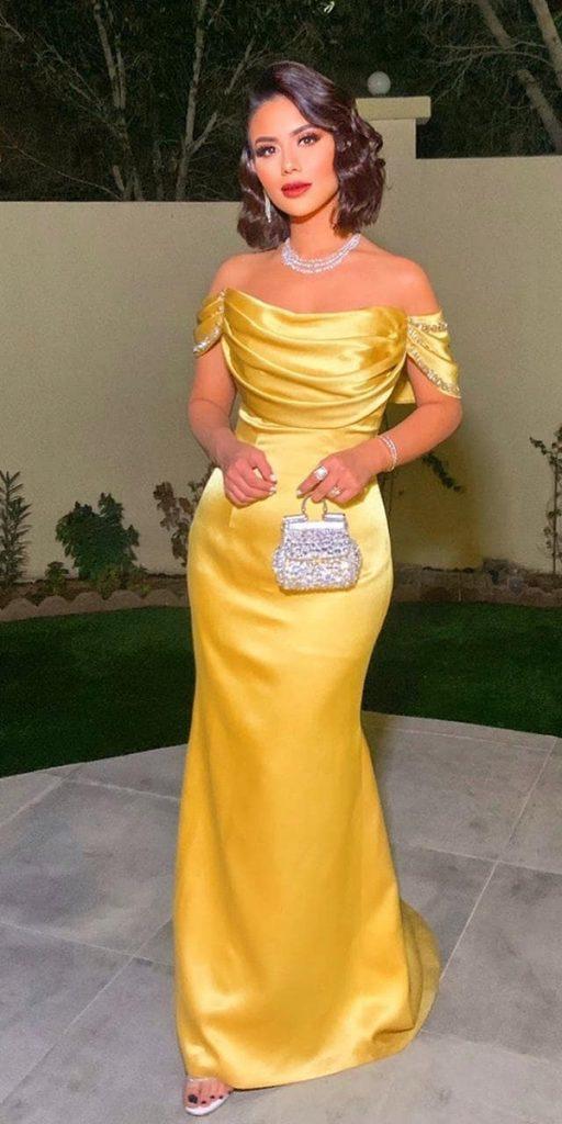 wedding guest designer dresses long yellow off the shoulder beach mjbymirnajawhari