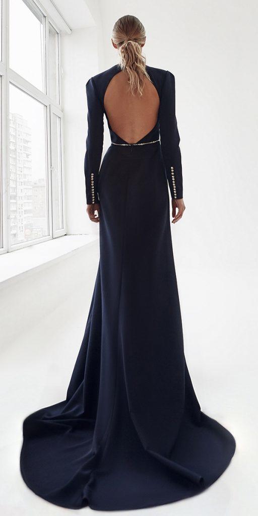 black wedding dresses sheath open back with long sleeves nrcouture
