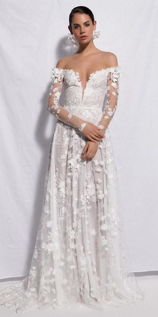 boho wedding dresses with sleeves a line with long sleeves off the shoulder daalarnacouture