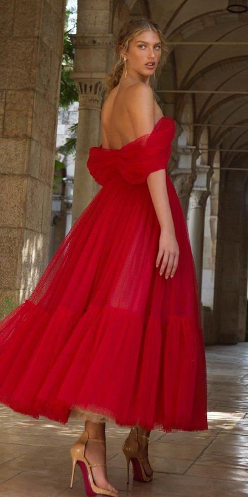 colored wedding dresses tea length off the shoulder simple romantic red berta