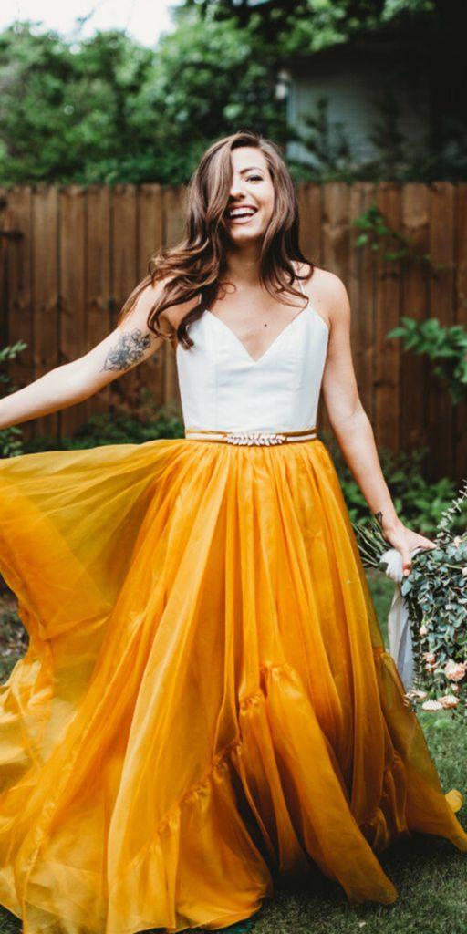 colored wedding dresses yellow with spaghetti straps rustic katie beech