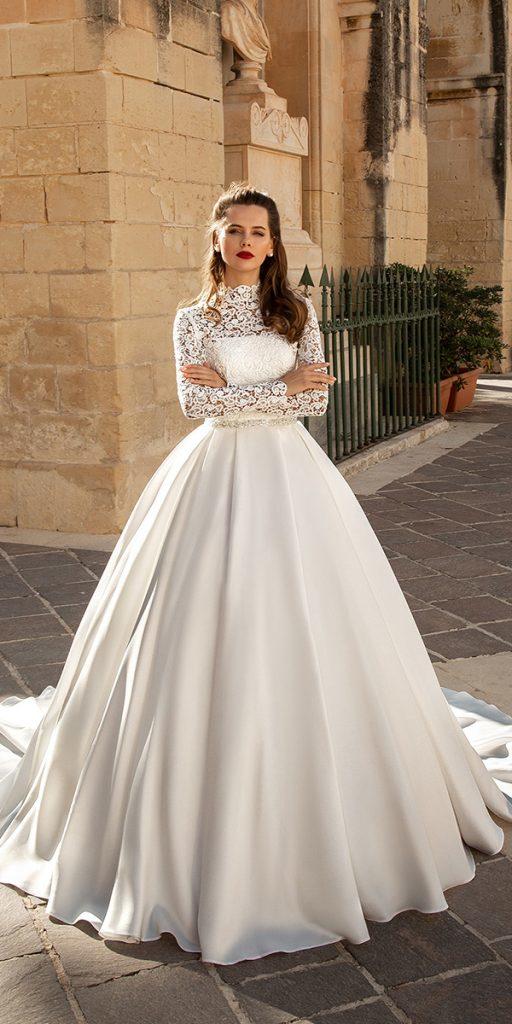 lace ball gown wedding dresses high neck with long sleeves train ariabride