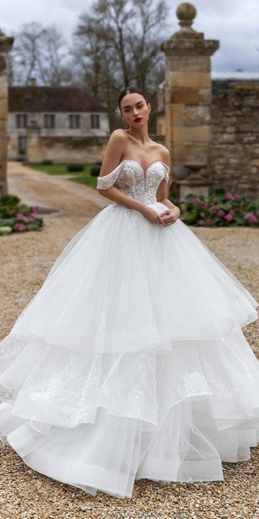 lace ball gown wedding dresses off the shoulder sweetheart neckline ruffled skirt pollardi