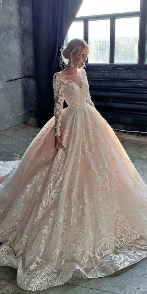 lace ball gown wedding dresses with long sleeves sweetheart neckline olivia bottega
