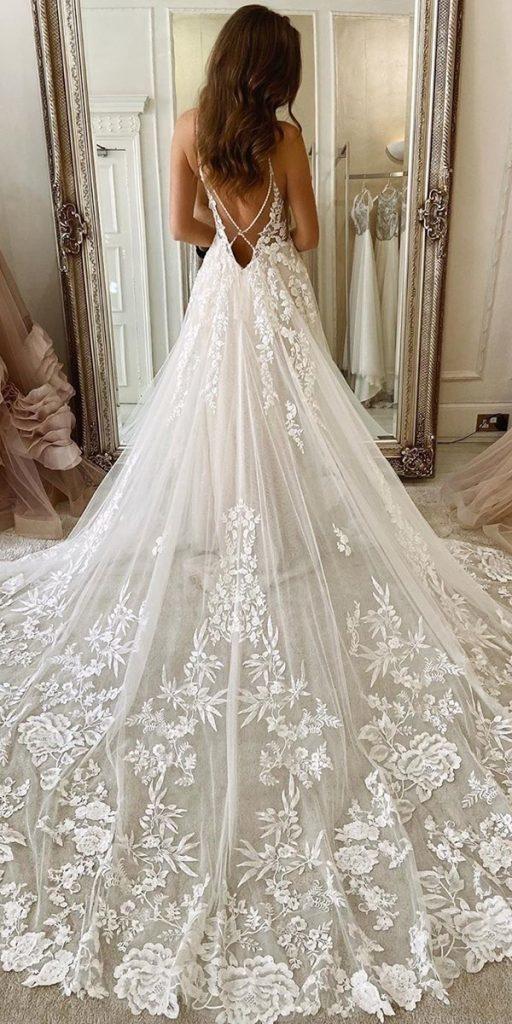 lace bridal gowns a line backless with train beach martinaliana