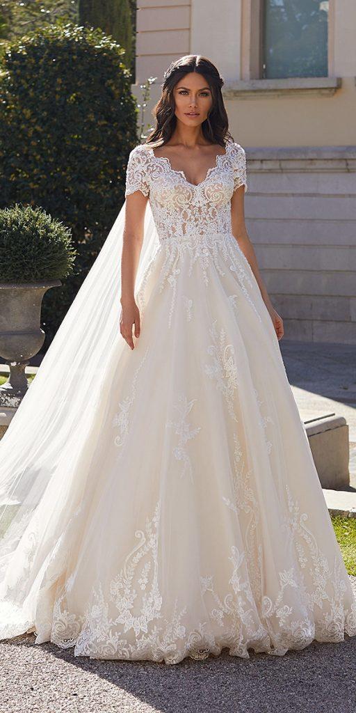 lace bridal gowns a line with cap sleeves v neckline pronovias