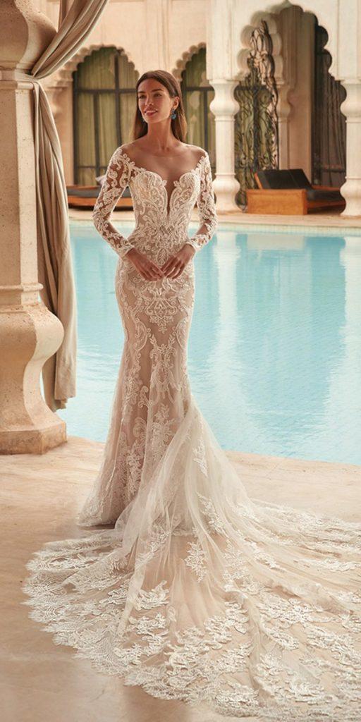 lace bridal gowns sheath with long sleeves with train blush demetrios