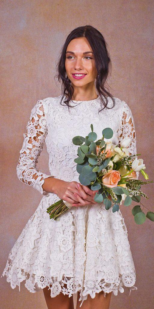 lace short wedding dresses with illusion long sleeves dreamersandlovers