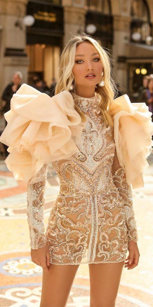 lace short wedding dresses with puff sleeves sexy beach albinadylaofficial