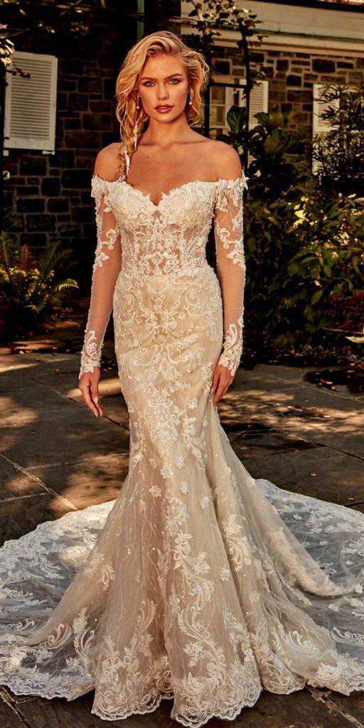 romantic bridal gowns mermaid off the shoulder lace long sleeves eveofmilady