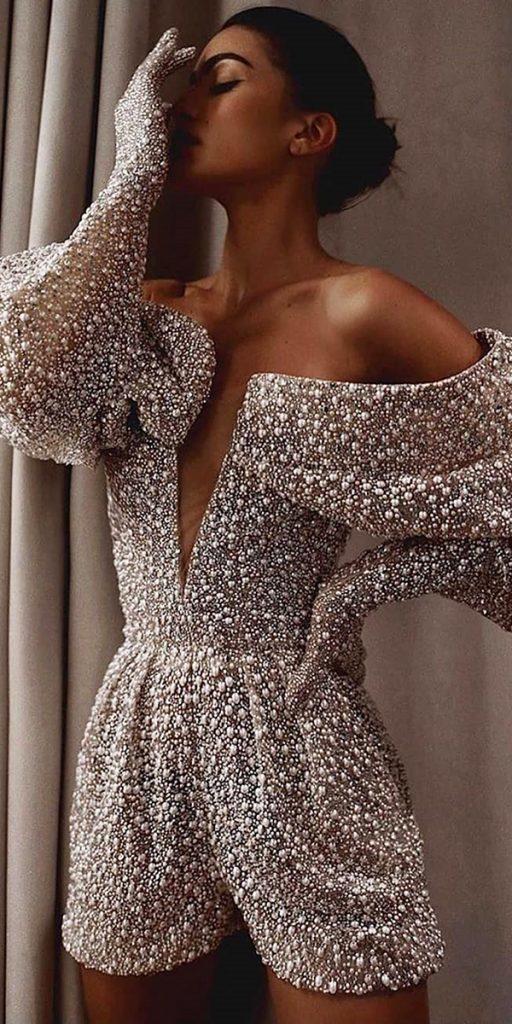 romantic bridal gowns short jumpsuits deep v neckline pearls vintage balmain