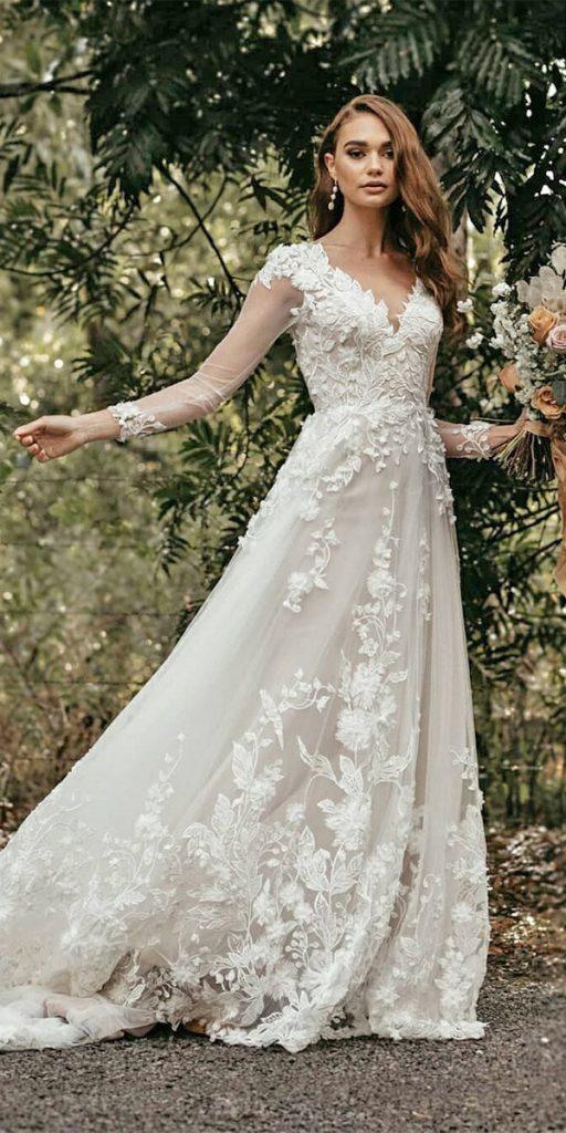 rustic lace wedding dresses a line with long sleeves floral lace madilanebridal