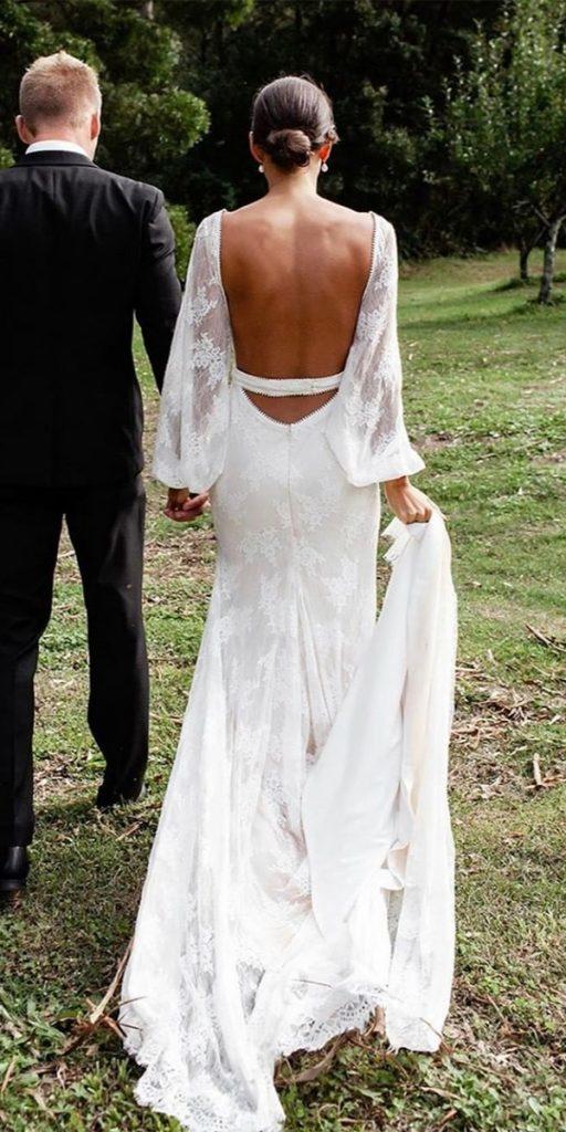 rustic lace wedding dresses sheath low back with long sleeves train chosenbyoneday