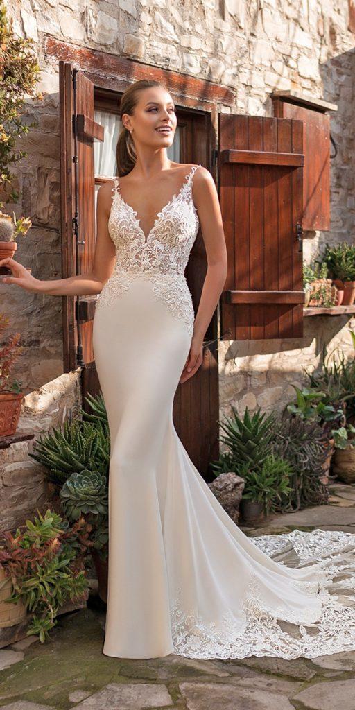 satin mermaid wedding dresses lace top with spaghetti straps train sexy arivilloso