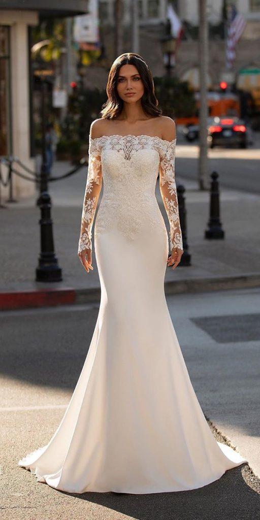 satin mermaid wedding dresses off the shoulder with long sleeves lace pronovias