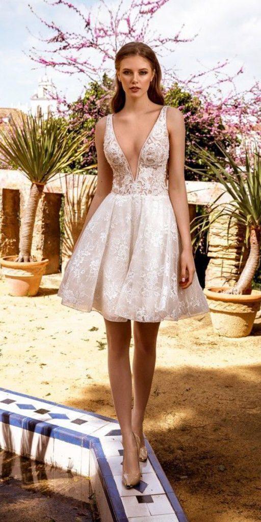 short wedding dresses sexy deep v neckline lace beach mariasalas