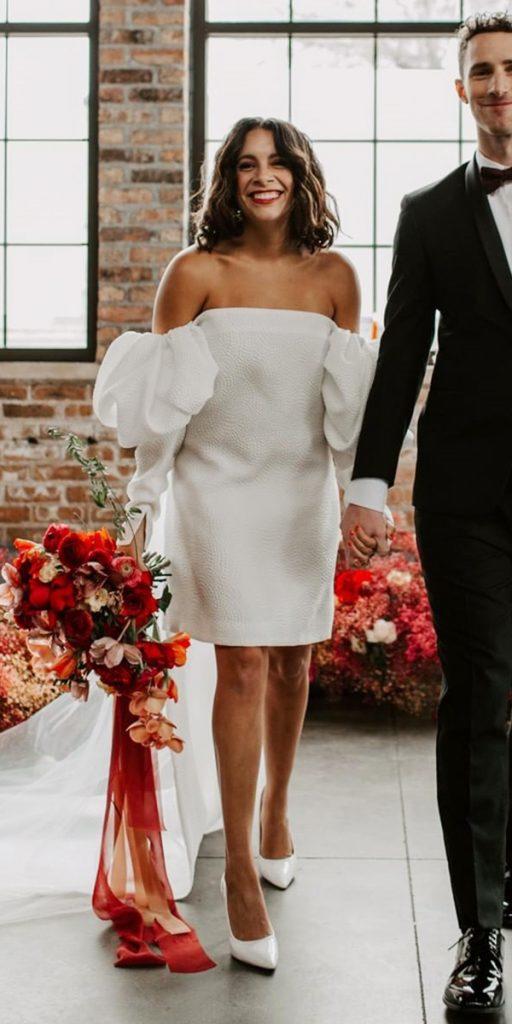 short wedding dresses white with puff sleeves strapless colettemariephoto