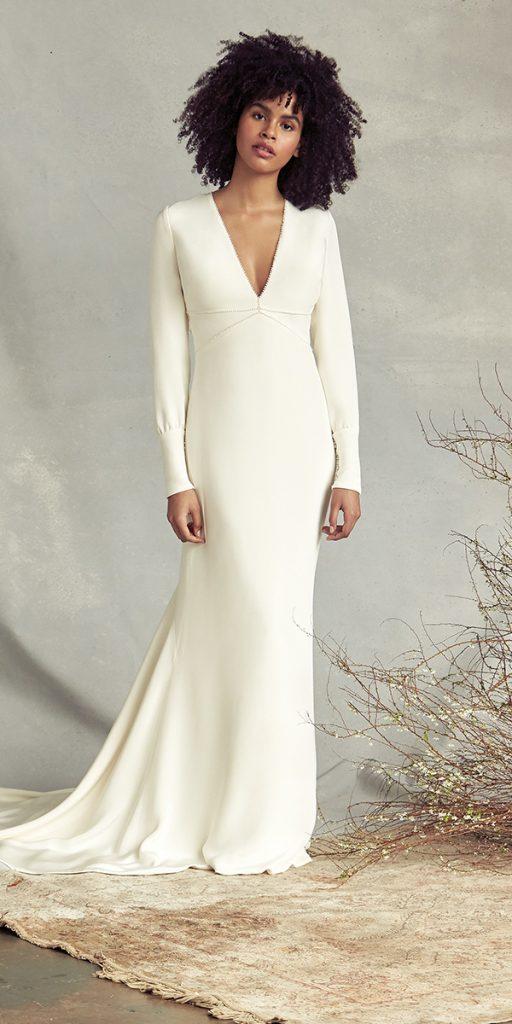 simple wedding dresses with sleeves sheath deep v neckline with train justin alexander