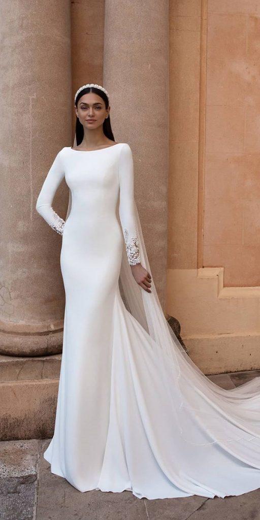simple wedding dresses with sleeves sheath modest train pronovias