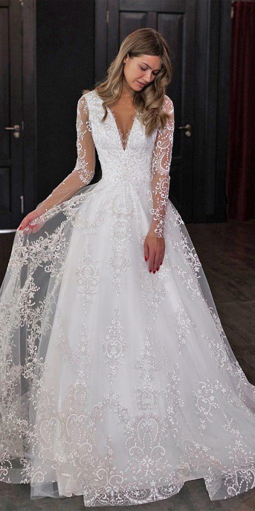 vintage lace wedding dresses a line with long sleeves jeweled olivia bottega
