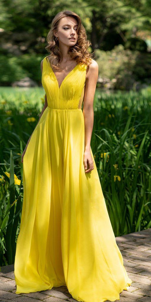 wedding guest dresses for spring long yellow v neckline pronovias
