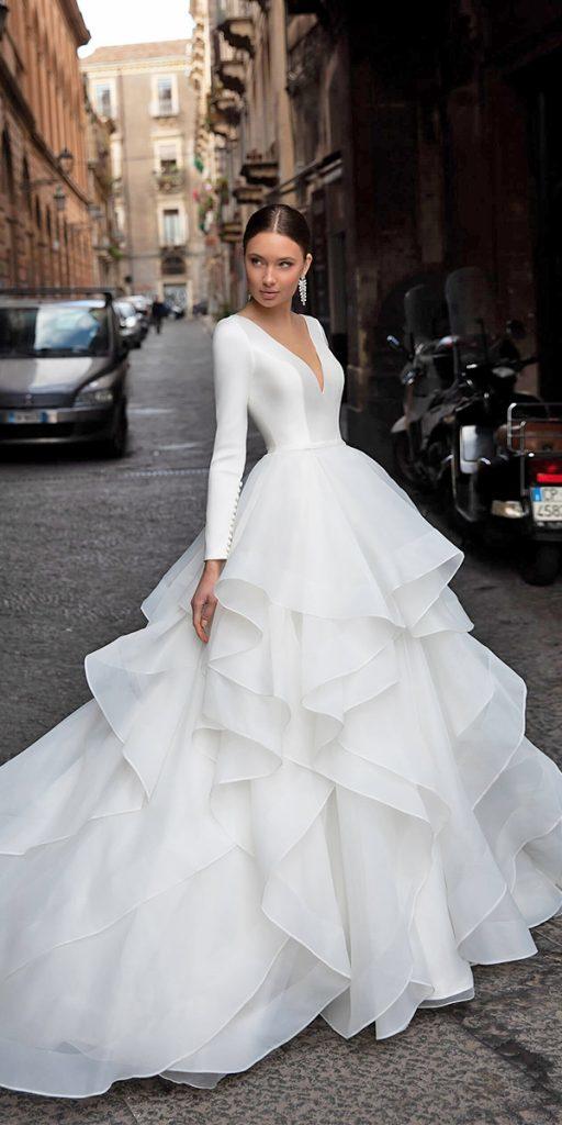 bridal gowns with sleeves ball gown with long sleeves v neckline ruffled skirt naviblue
