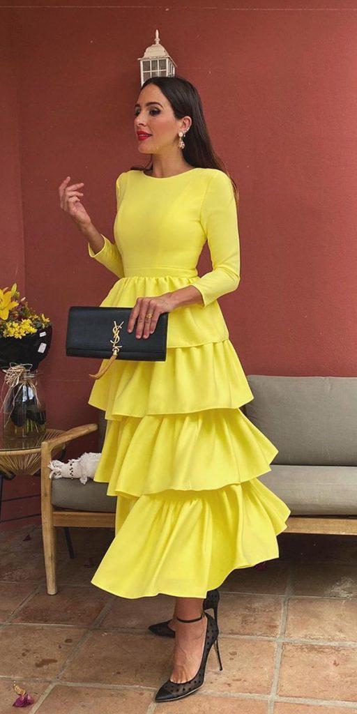 fall wedding guest dresses yellow with long sleeves tea length simple rocio0sorno