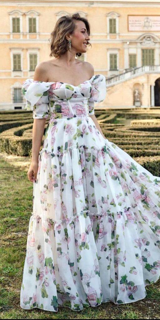 floral wedding dresses white off the shoulder strapless neckline millanova