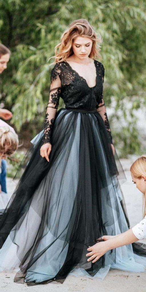 gothic wedding dresses ball gown with long sleeves lace top tulle stylishbrideaccs