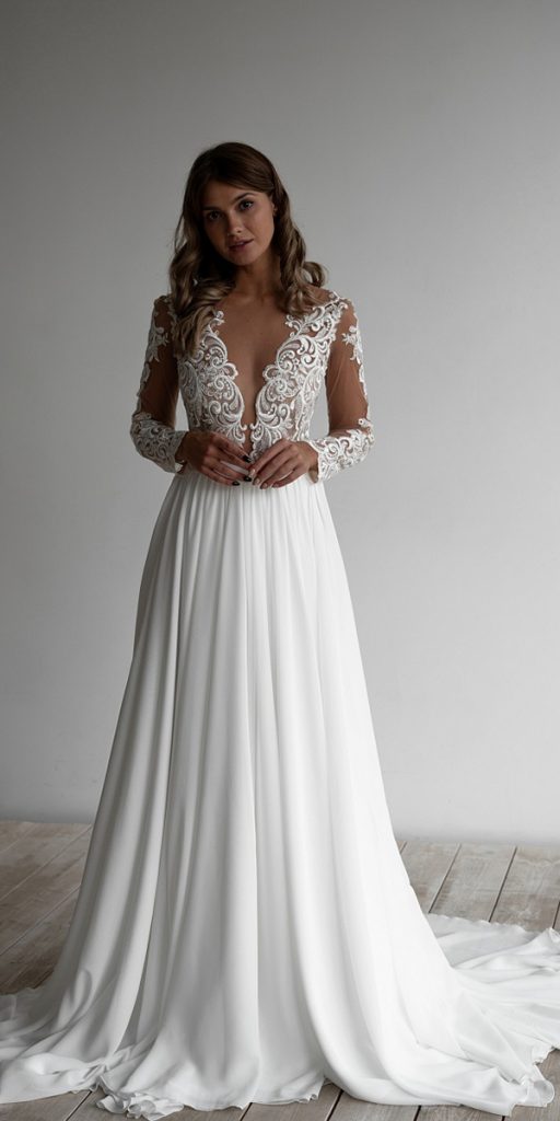 illusion long sleeve wedding dresses a line sexy deep v neckline lace bottega