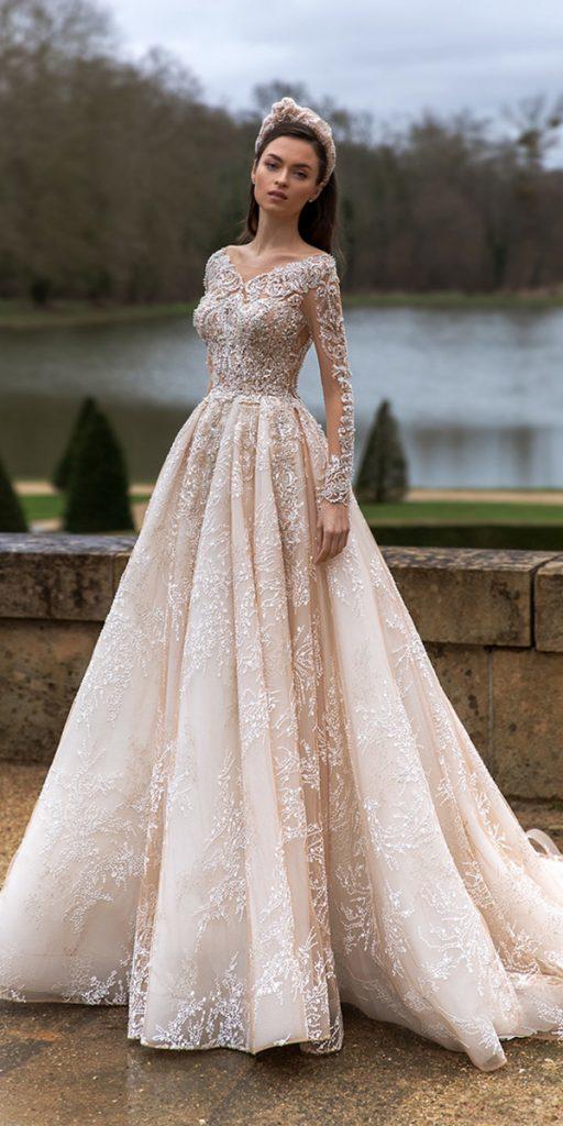 illusion long sleeve wedding dresses ball gown full lace unique pollardi