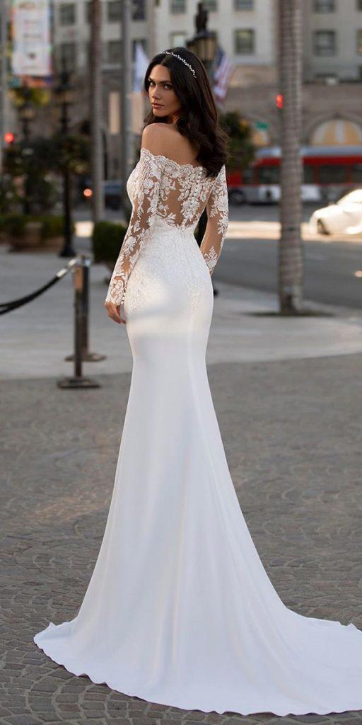 illusion long sleeve wedding dresses trumpet off the shoulder lace train beach pronovias