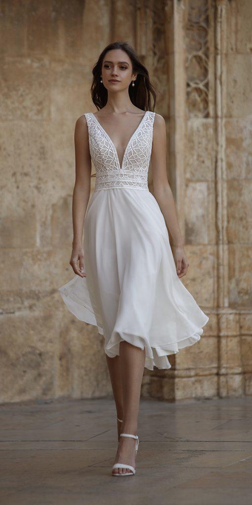  knee length wedding dresses simple lace top beach sexy deep v neckline art design
