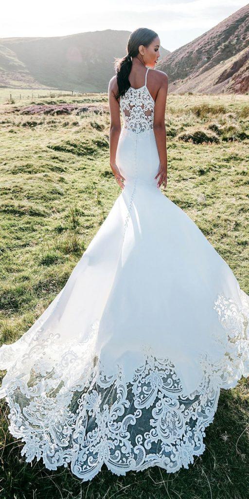 lace back wedding dresses fit and flare with spaghetti straps train allure bridal
