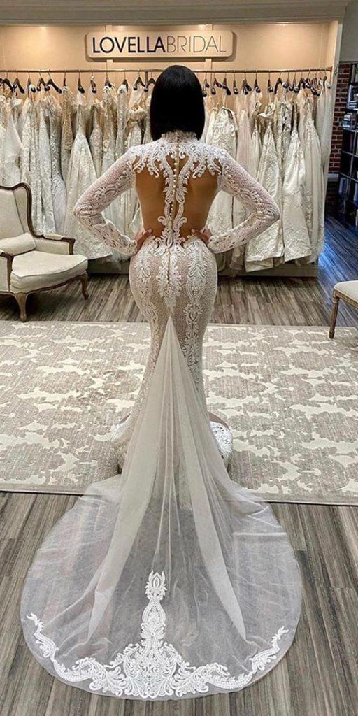 lace back wedding dresses mermaid tattoo effect with sleeves train berta