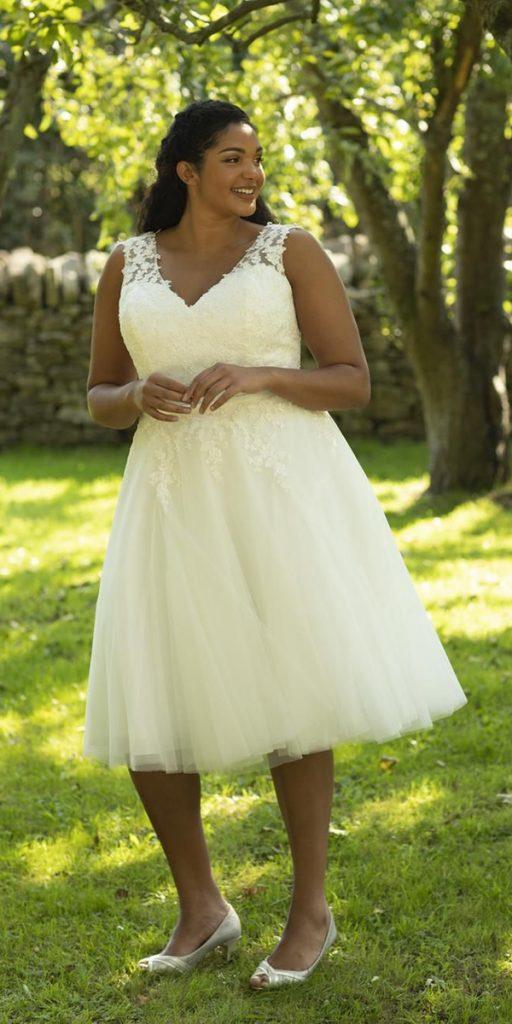 lace plus size wedding dresses knee length v neckline true bride
